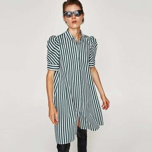 Zara Woman green and white striped Midi shirt dress puffed sleeve Hi Low sz S